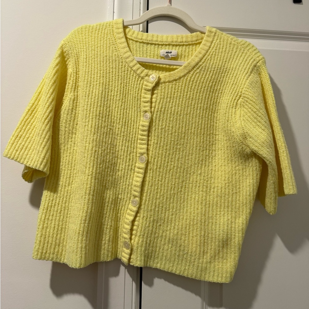 aerie Short Sleeve Button-Up Cardigan in Yellow